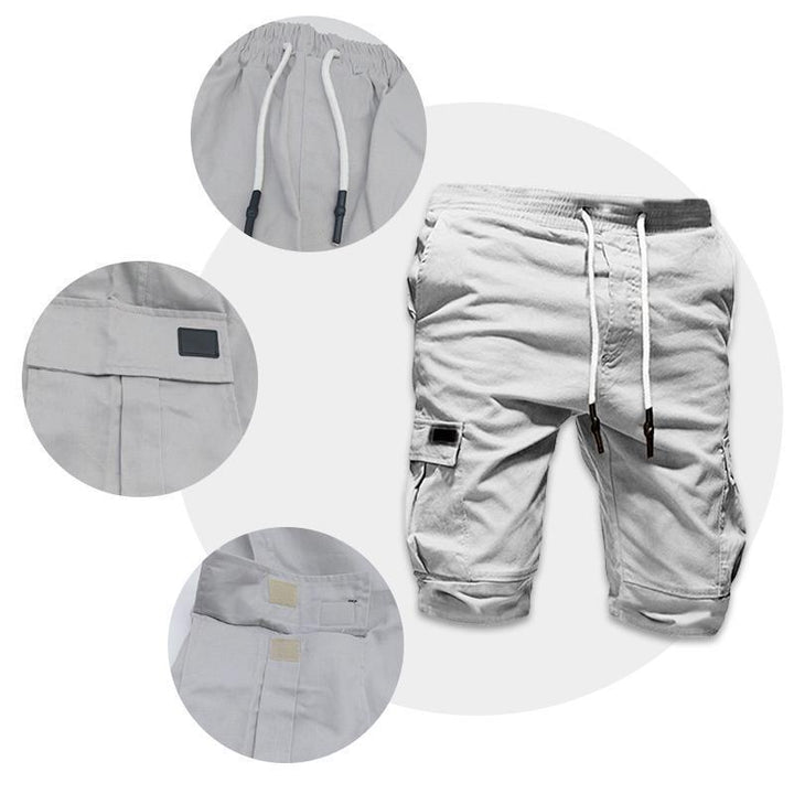"Herr shorts med multifickdesign i bomull, justerbar snörning i midjan, tillgängliga i flera färger för sommardagar."