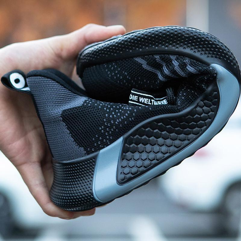 "Herr skyddsskor, kevlar, halkfri, stålhuvud, svart design, andningsbart tygnät för bygg- och industrimiljöer"