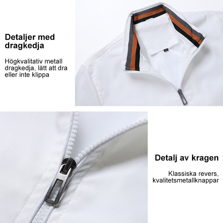 "Herr sommarjacka i bomull/polyester, andningsbar och lätt, finns i grön, gul, marinblå, svart och vit."
