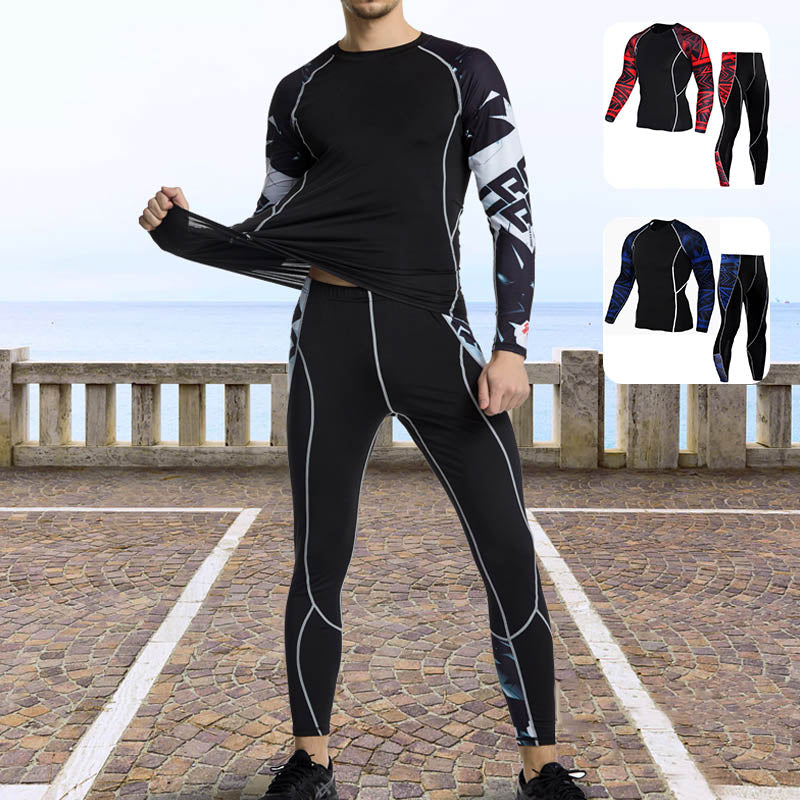 "Herr sportkläder tights och långärmad tröja i grått, stretchigt tyg, designad för träning och rörelsefrihet."