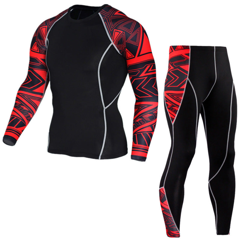 "Herr sportkläder tights och långärmad tröja i grått, stretchigt tyg, designad för träning och rörelsefrihet."