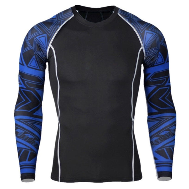 "Herr sportkläder tights och långärmad tröja i grått, stretchigt tyg, designad för träning och rörelsefrihet."