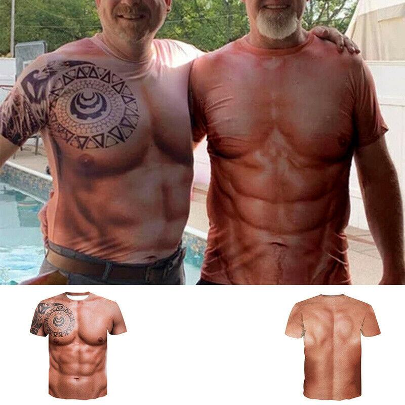 "Herr T-shirt med muskeltatuering och 3D print, realistiskt muskelmönster, livfullt färgsatt, unikt och stilsäkert plagg."