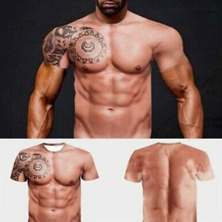 "Herr T-shirt med muskeltatuering och 3D print, realistiskt muskelmönster, livfullt färgsatt, unikt och stilsäkert plagg."
