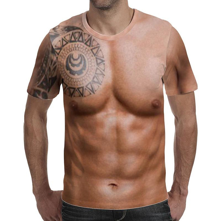 "Herr T-shirt med muskeltatuering och 3D print, realistiskt muskelmönster, livfullt färgsatt, unikt och stilsäkert plagg."