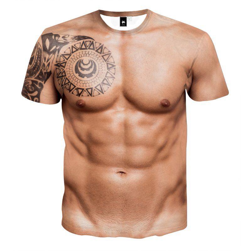 "Herr T-shirt med muskeltatuering och 3D print, realistiskt muskelmönster, livfullt färgsatt, unikt och stilsäkert plagg."