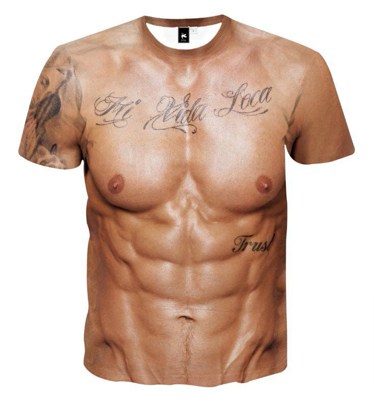 "Herr T-shirt med muskeltatuering och 3D print, realistiskt muskelmönster, livfullt färgsatt, unikt och stilsäkert plagg."