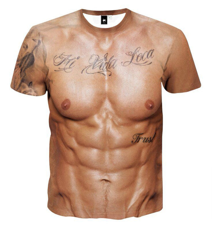 "Herr T-shirt med muskeltatuering och 3D print, realistiskt muskelmönster, livfullt färgsatt, unikt och stilsäkert plagg."