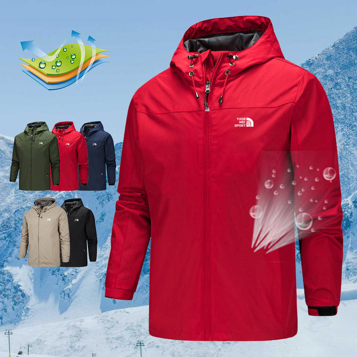 "Herr vattentät vinterjacka med avtagbar huva, svart färg, elegant passform, perfekt för kalla och regniga äventyr."