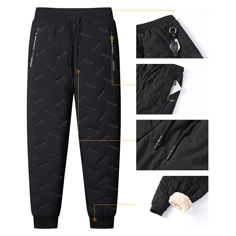 "Herr vinterfleece byxor med resårband, platt benöppning, mörk färg, varm fleece, stilren look för kalla dagar."