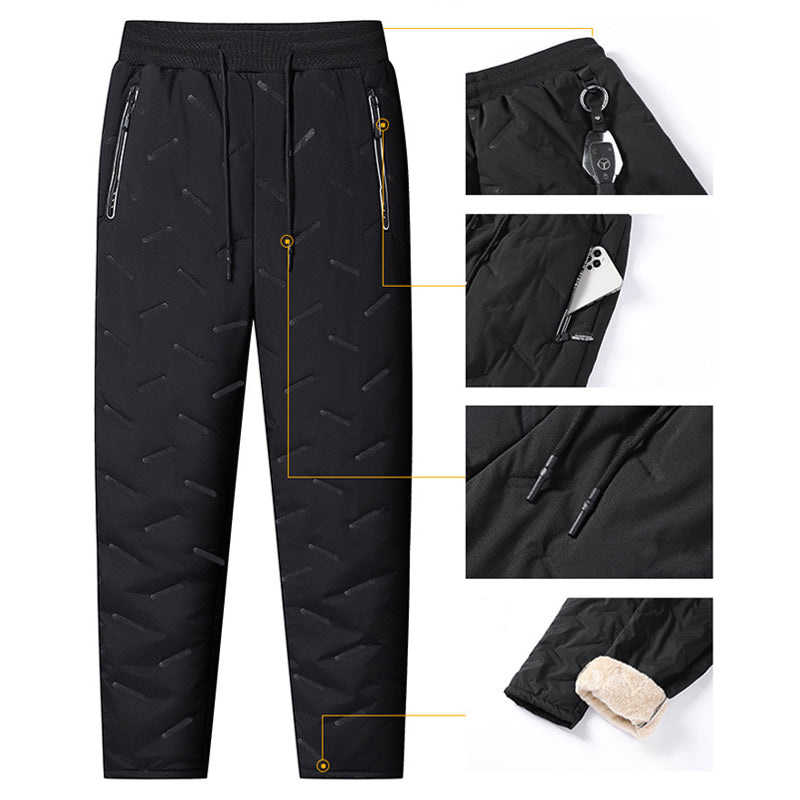 "Herr vinterfleece byxor med resårband, platt benöppning, mörk färg, varm fleece, stilren look för kalla dagar."