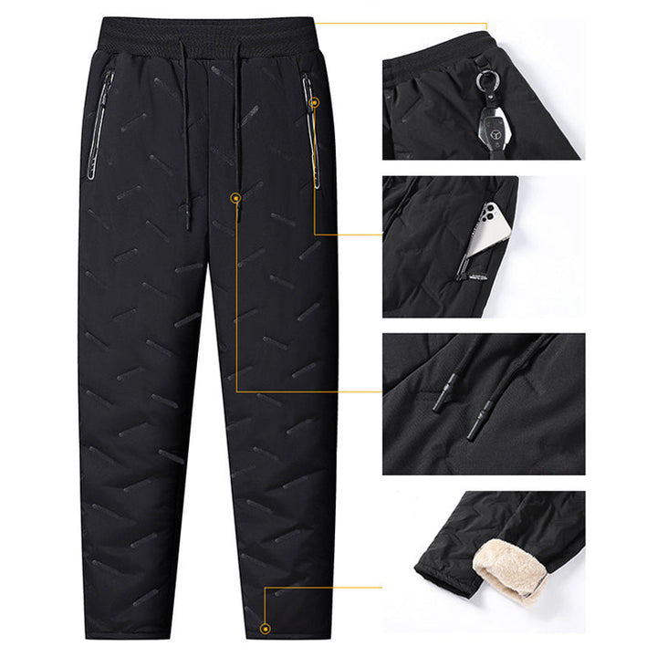 "Herr vinterfleece byxor med resårband, platt benöppning, mörk färg, varm fleece, stilren look för kalla dagar."