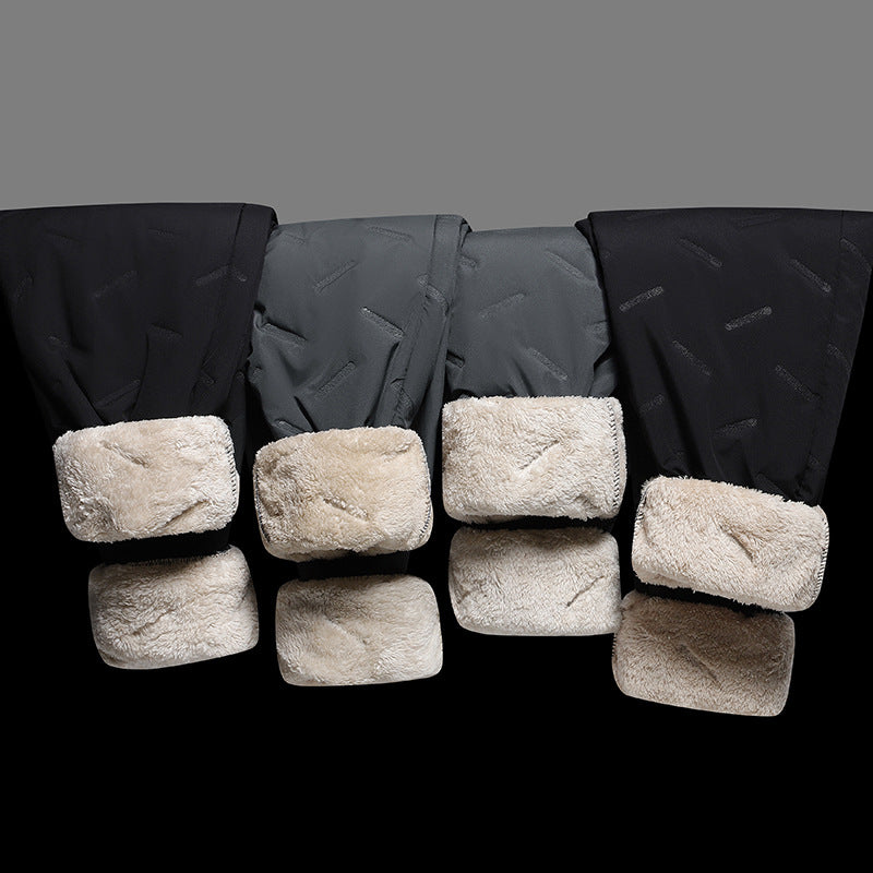 "Herr vinterfleece byxor med resårband, platt benöppning, mörk färg, varm fleece, stilren look för kalla dagar."