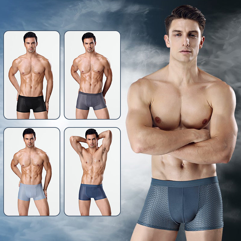 "Herrar Andningsbar Ice Silk Boxer Shorts i ljusblått med låg midja, mjukt bambutyg, ventilerad design för optimal svalka."