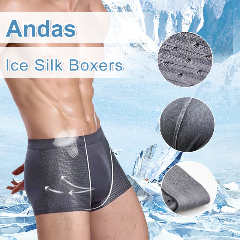 "Herrar Andningsbar Ice Silk Boxer Shorts i ljusblått med låg midja, mjukt bambutyg, ventilerad design för optimal svalka."