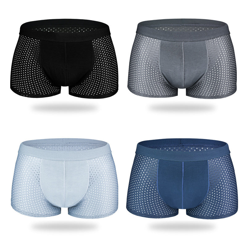 "Herrar Andningsbar Ice Silk Boxer Shorts i ljusblått med låg midja, mjukt bambutyg, ventilerad design för optimal svalka."