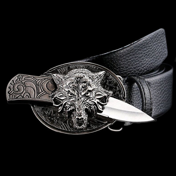 "Herrbälte i äkta läder, dolt knivspänne, svart med metallglänsande finish, elegant och funktionell accessoar."