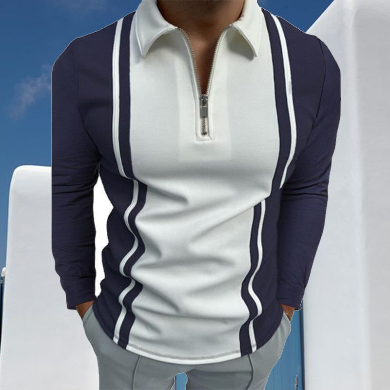 "Herrpiké i colorblock, smal passform, kortärmad, polyester, framifrån, modern stil för sommar, avslappnad look."