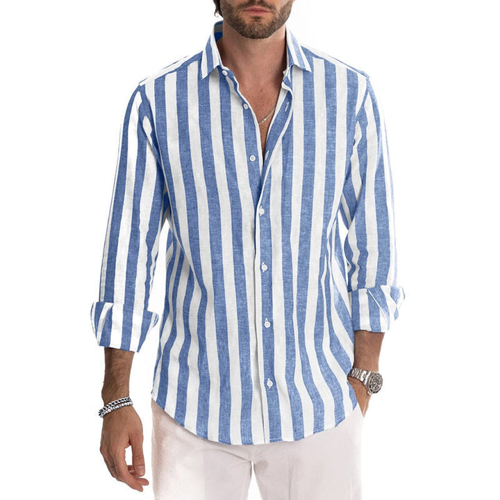 "Herrskjorta i bomullslinne, klassisk design, lång ärm, button-down-krage, perfekt för alla tillfällen, snygg och komfortabel