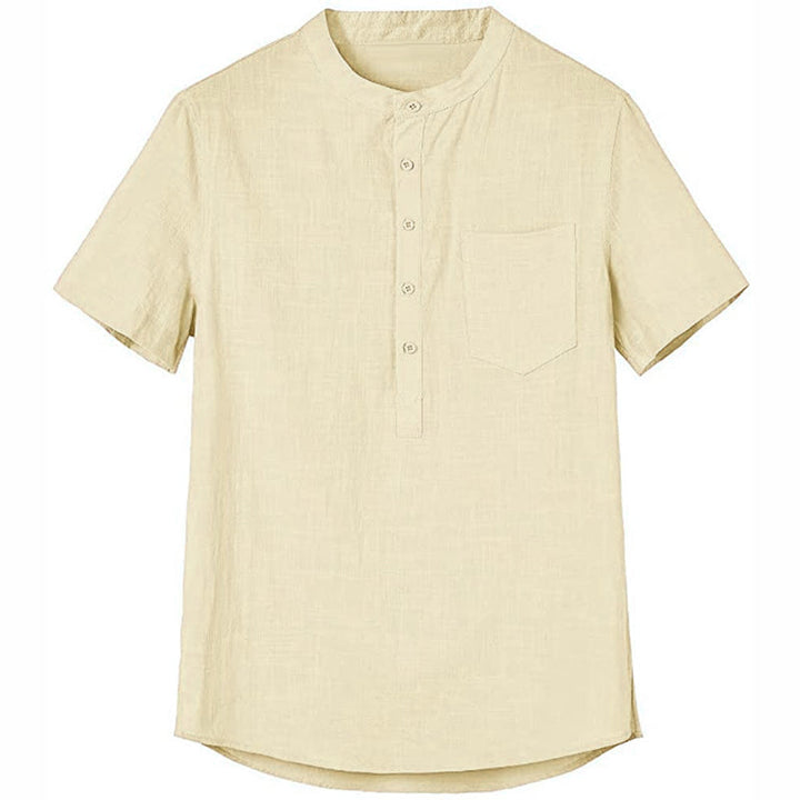 "Herrskjorta i bomullslinne med ståkrage, kortärmad, vit, elegant och modern för sommarbruk, herrmode."