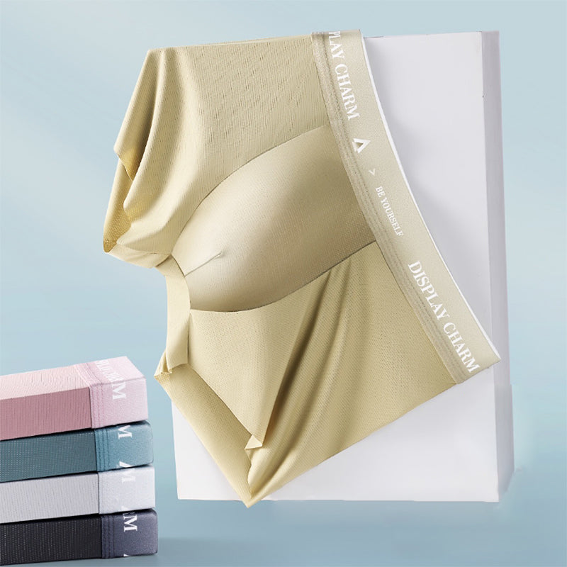 "Herrunderkläder av silke, boxers i mörkgrått, silvergrått och senapsgult med elastiskt midjeband, mjuka sömmar."