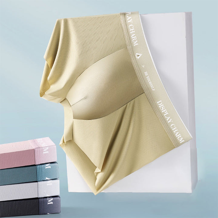 "Herrunderkläder av silke, boxers i mörkgrått, silvergrått och senapsgult med elastiskt midjeband, mjuka sömmar."