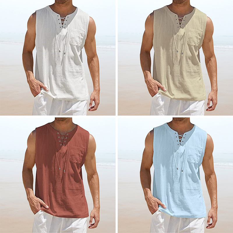 "Herrväst i linne och bomull, dragsko, enfärgad, lös passform, ljus beige, fram- och sidovy, för herrkläder."