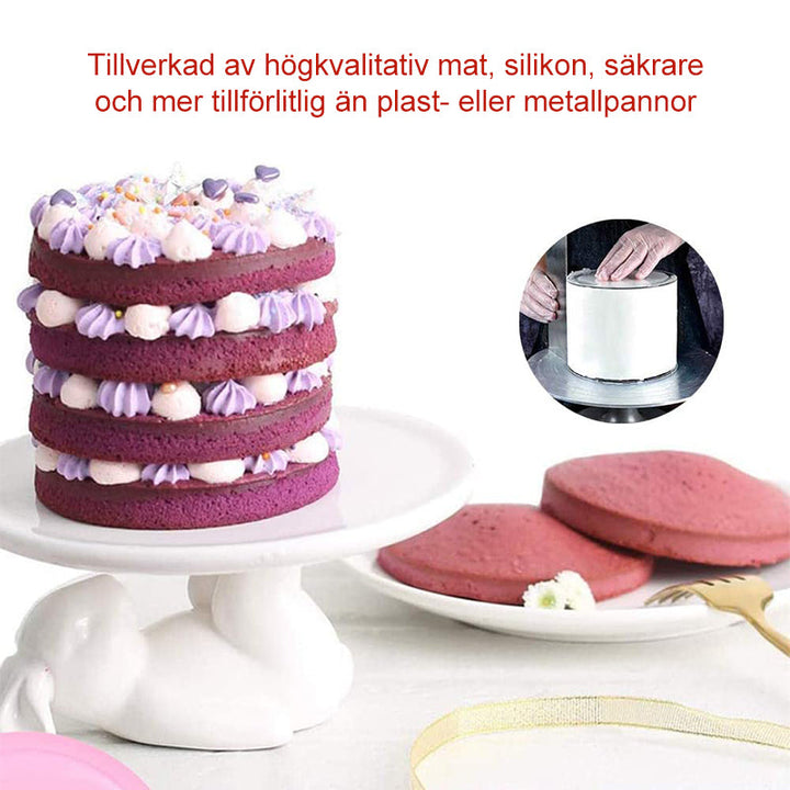 Hjärtformade silikon tårtformar i rosa och blå, perfekt för regnbågstårtor. Flexibla för enkel tårtuttagning.