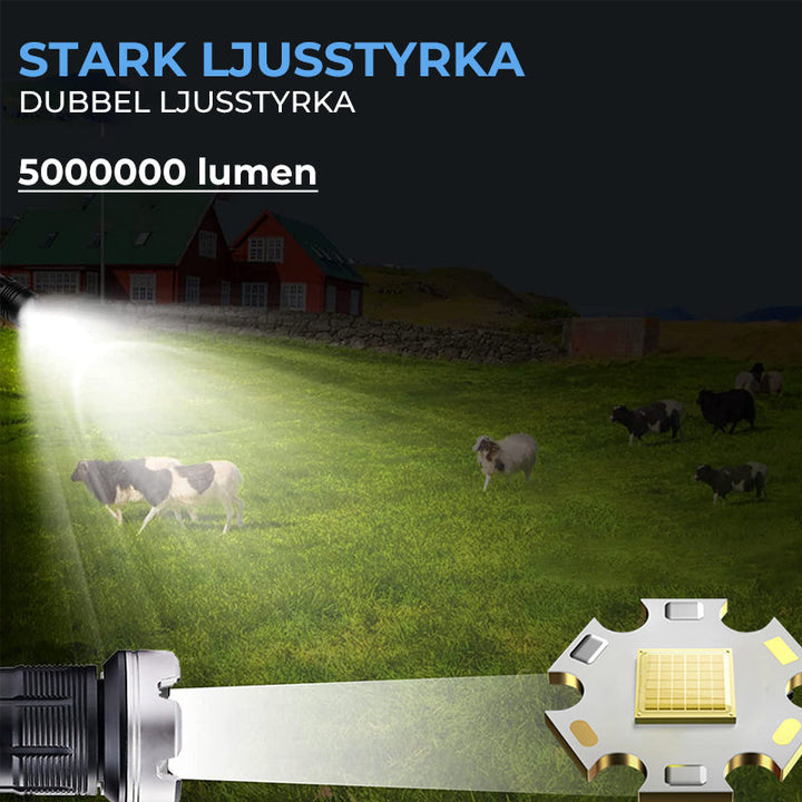 "Hög effekt LED-ficklampa med zoom, vattentålig aluminiumdesign, justerbart fokus, passar för camping och inspektioner."