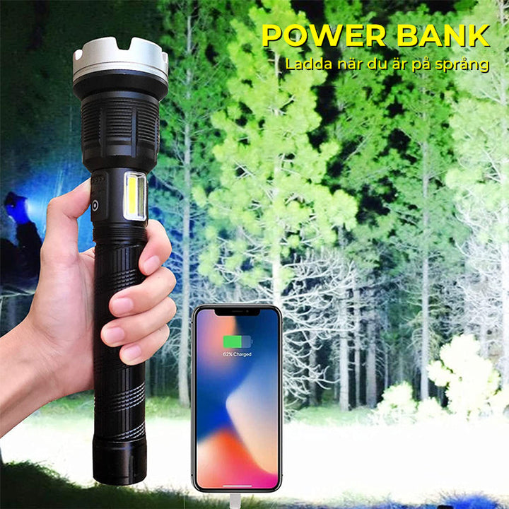 "Hög effekt LED-ficklampa med zoom, vattentålig aluminiumdesign, justerbart fokus, passar för camping och inspektioner."