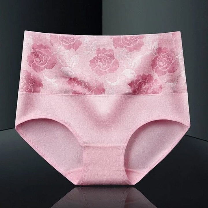 "Höga midja bomullstrosor för kvinnor med blomstrande mönster, rosa jacquard, formar och lyfter höfterna."