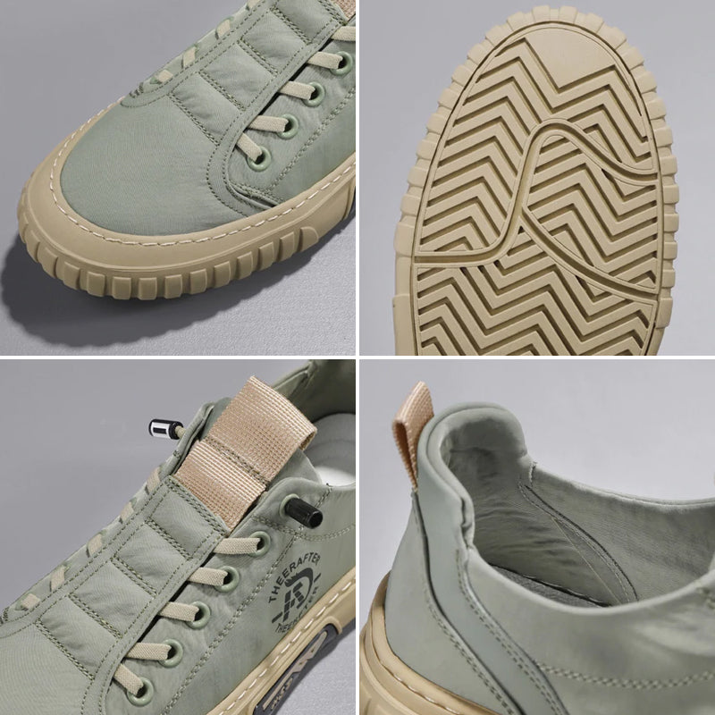 "Högklassiga herrsneakers i grått med elastiska snören och antihalksula, perfekt för stil och komfort."