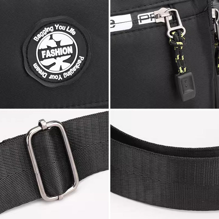 "Högkvalitativ svart axelväska för män med flera fickor, justerbara remmar och vattentät yta, sedd bakifrån."