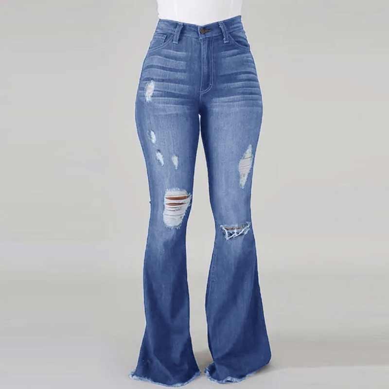 "Högmidjade damjeans med utsvängda ben och slitna detaljer, trendig siluett för moderiktig stil och komfort."