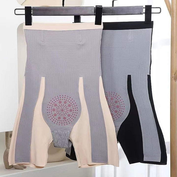 "Högmidjade kontrollbyxor i svart och beige för kvinnor, formar och lyfter, med smidig och komfortabel design."