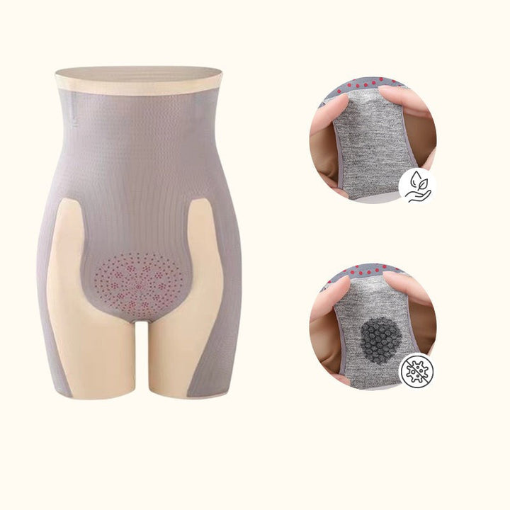 "Högmidjade kontrollbyxor i svart och beige för kvinnor, formar och lyfter, med smidig och komfortabel design."