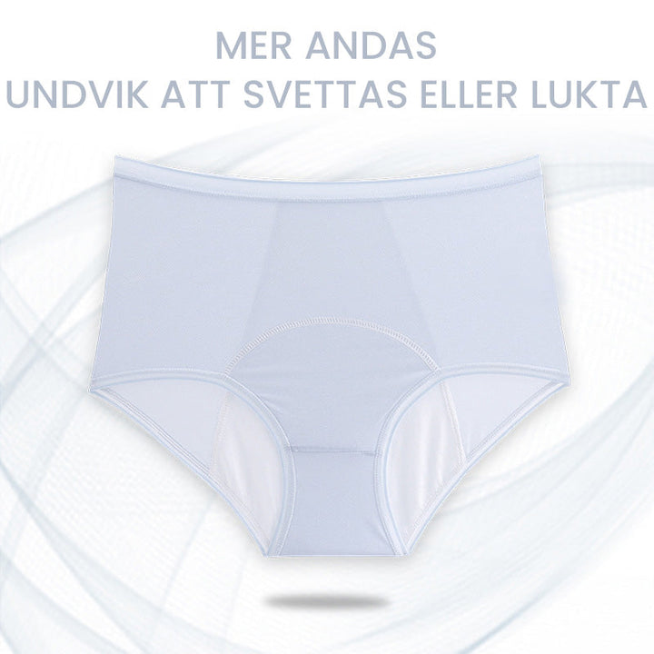 "Högmidjade läckagesäkra damtrosor, mjukt tyg, bred täckning, optimal komfort för menstruationsskydd, svart färg."