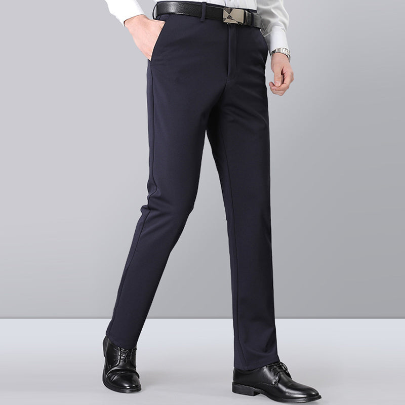 "Högstretch klassiska herrbyxor, flera färger, expanderbar midja, elegant stil, komfortmaterial, blå, svart, grå."