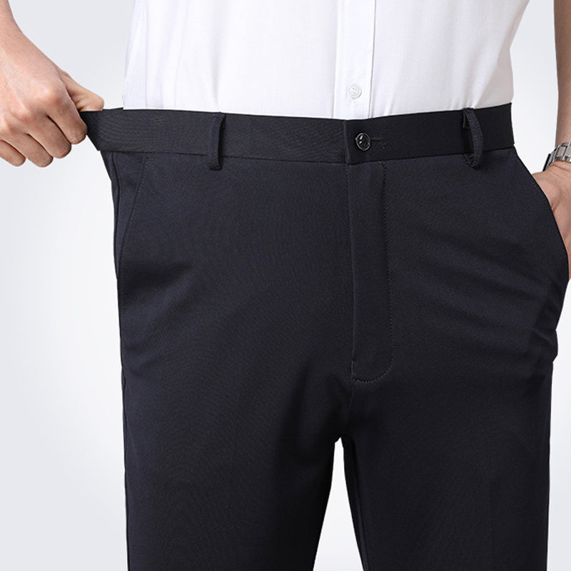 "Högstretch klassiska herrbyxor, flera färger, expanderbar midja, elegant stil, komfortmaterial, blå, svart, grå."