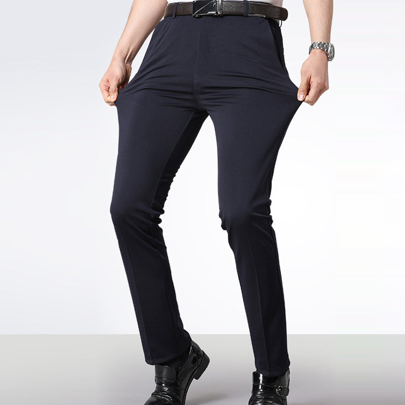 "Högstretch klassiska herrbyxor, flera färger, expanderbar midja, elegant stil, komfortmaterial, blå, svart, grå."