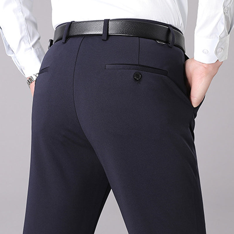 "Högstretch klassiska herrbyxor, flera färger, expanderbar midja, elegant stil, komfortmaterial, blå, svart, grå."
