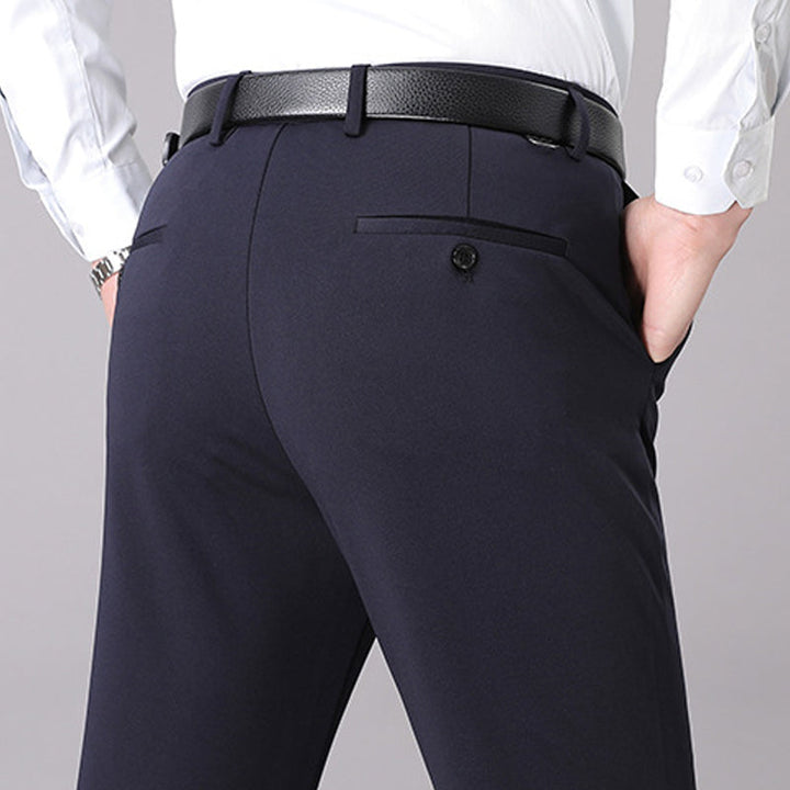 "Högstretch klassiska herrbyxor, flera färger, expanderbar midja, elegant stil, komfortmaterial, blå, svart, grå."
