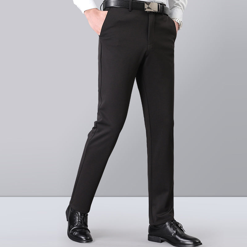 "Högstretch klassiska herrbyxor, flera färger, expanderbar midja, elegant stil, komfortmaterial, blå, svart, grå."