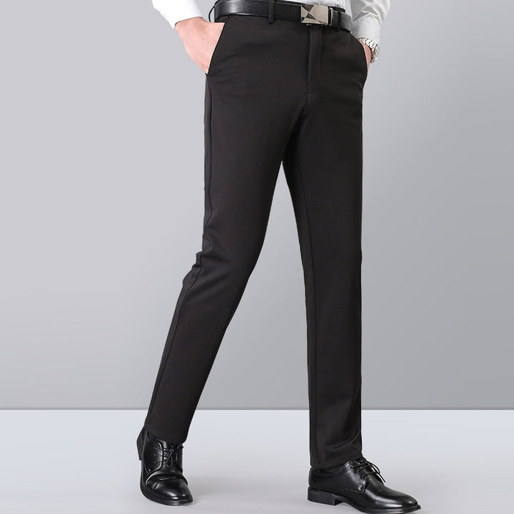 "Högstretch klassiska herrbyxor, flera färger, expanderbar midja, elegant stil, komfortmaterial, blå, svart, grå."