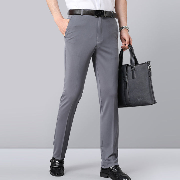 "Högstretch klassiska herrbyxor, flera färger, expanderbar midja, elegant stil, komfortmaterial, blå, svart, grå."