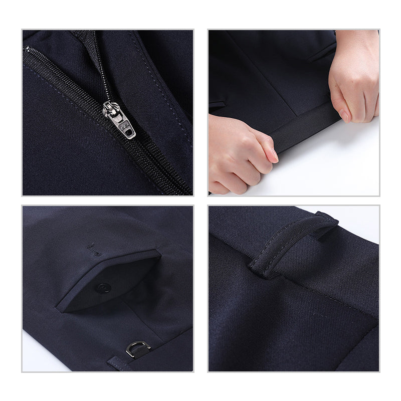 "Högstretch klassiska herrbyxor, flera färger, expanderbar midja, elegant stil, komfortmaterial, blå, svart, grå."