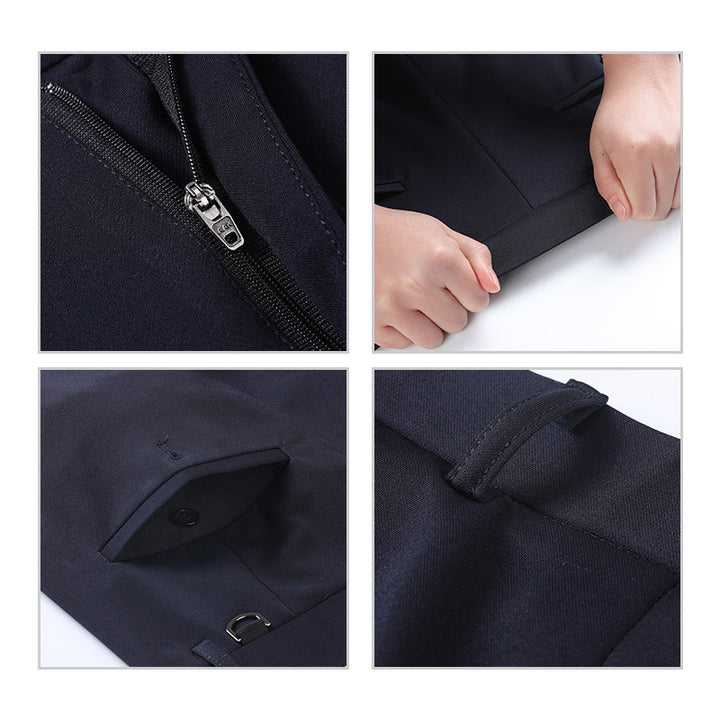"Högstretch klassiska herrbyxor, flera färger, expanderbar midja, elegant stil, komfortmaterial, blå, svart, grå."