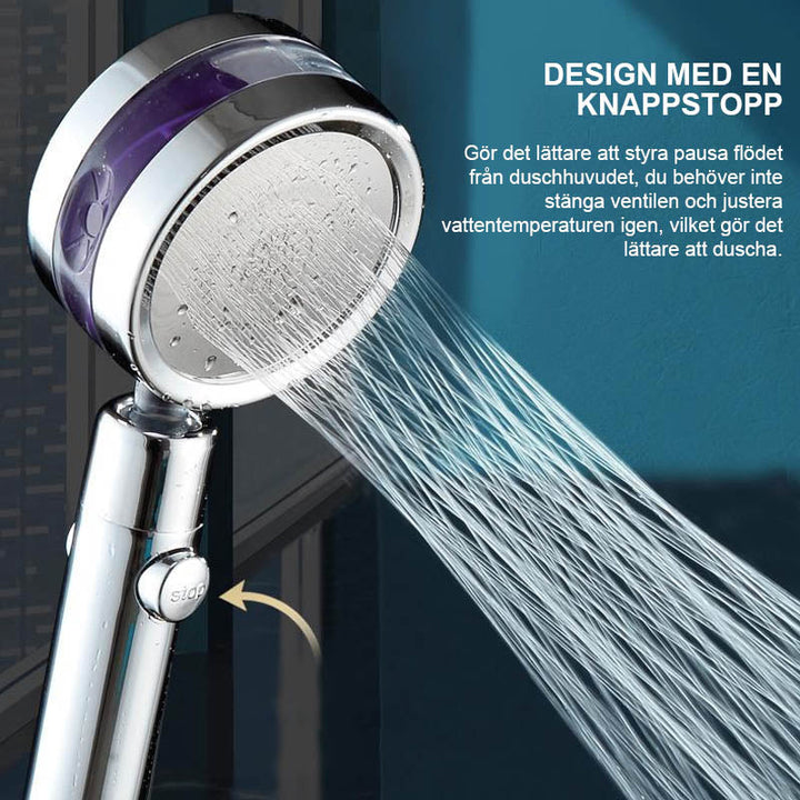 "Högtrycksroterande duschhuvud i silver med modern design, förbättrar vattentryck och sparar vatten i badrummet."