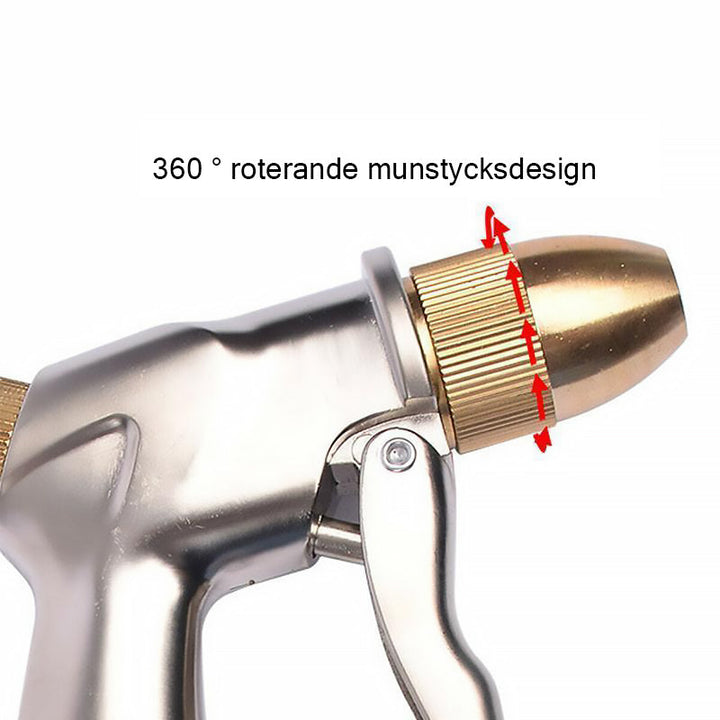 "Högtrycksvattenpistol med justerbart munstycke, silverfärgad, robust design av zinklegering för effektiv rengöring."