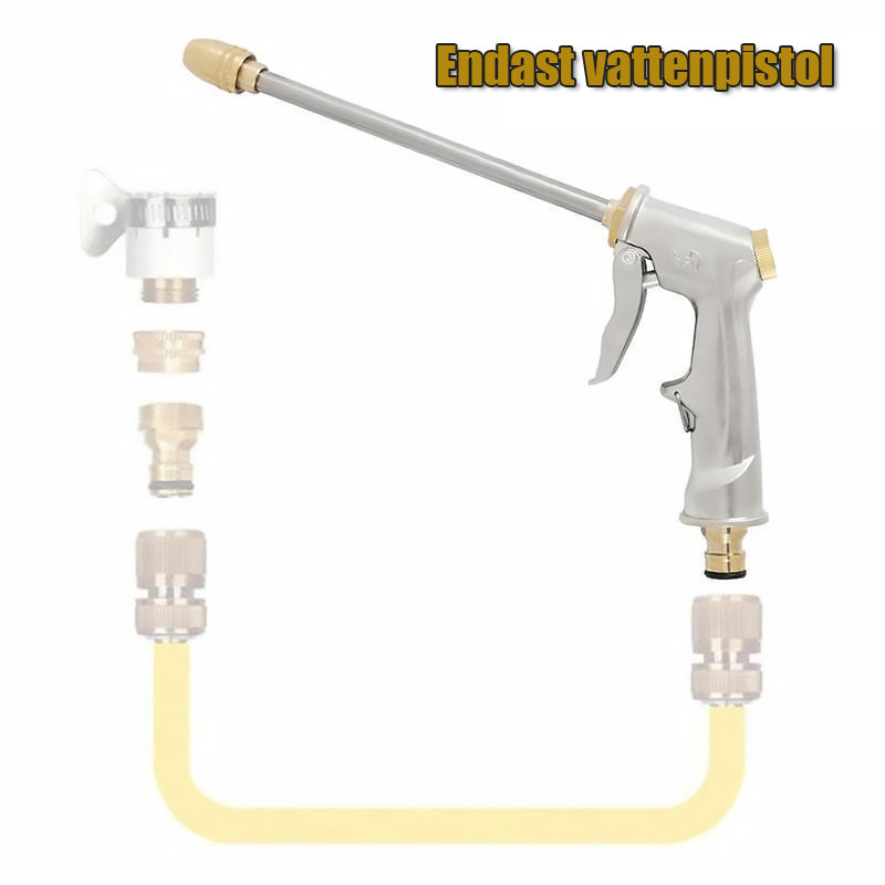 "Högtrycksvattenpistol med justerbart munstycke, silverfärgad, robust design av zinklegering för effektiv rengöring."